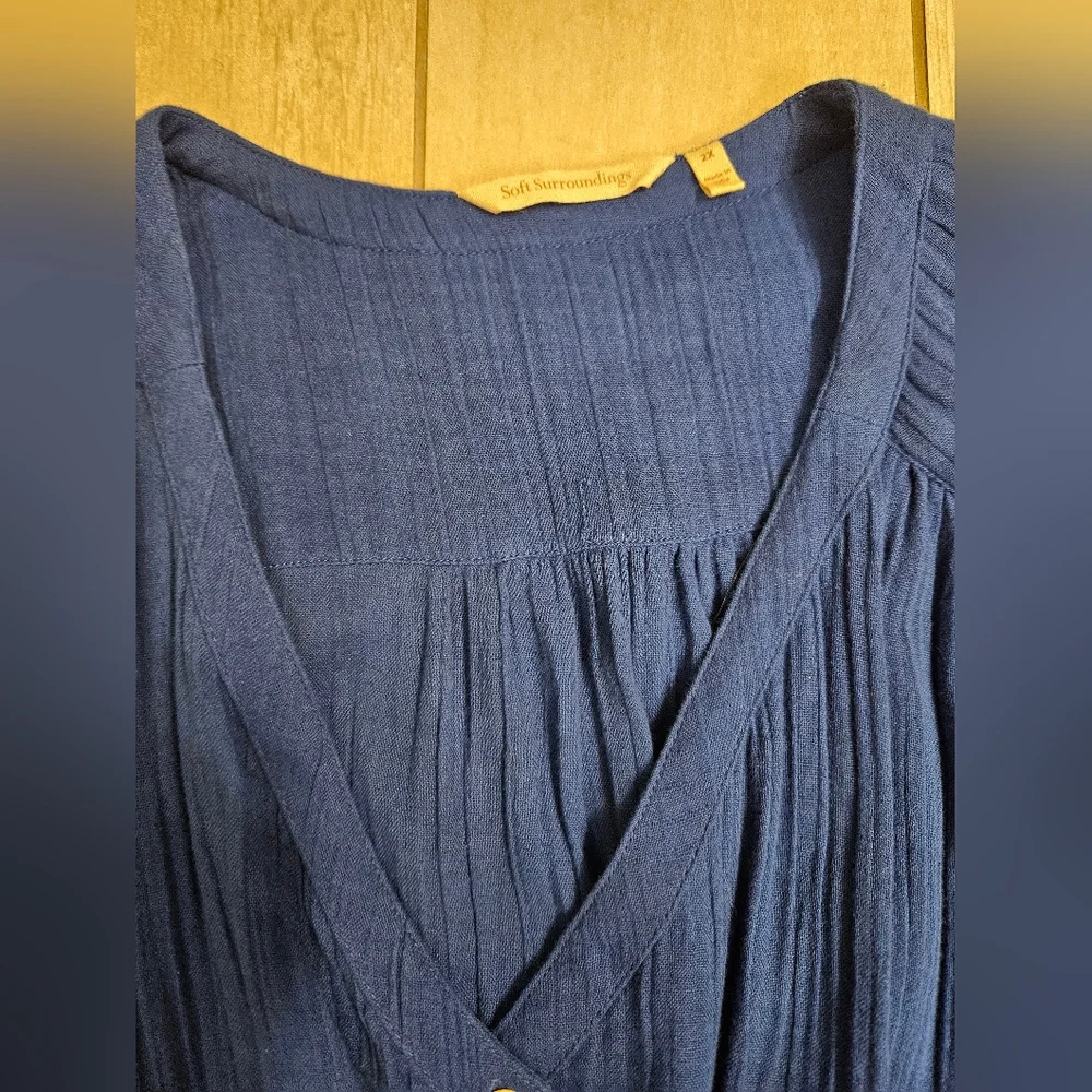 Soft Surroundings Blue 1/2 Sleeve Cotton Gauze Midi V-Neck Dress - Picture 3 of 5